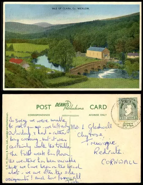Ireland Old Colour Postcard Vale of Clara Co. Wicklow Bridge River Scene Cottage