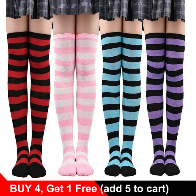 Girls Over Knee Long Stripe Printed Thigh High Striped Cotton Socks Overknee