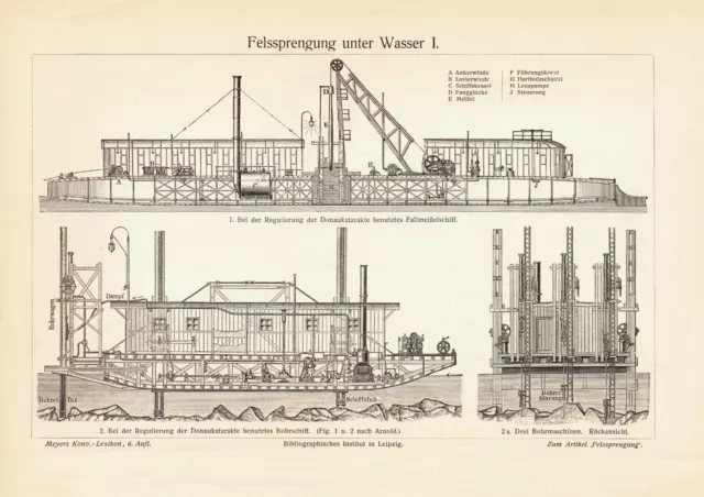 Felssprengung unter Wasser I. - II. historischer Druck Holzstich ca. 1904