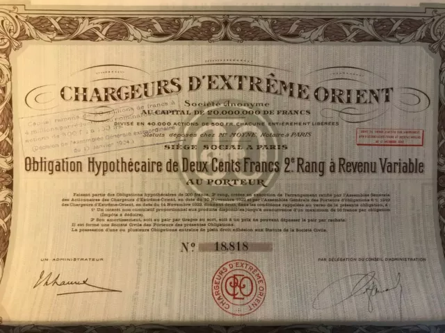 Obligation des Chargeurs d'Extreme Orient - Asie 1924 Action