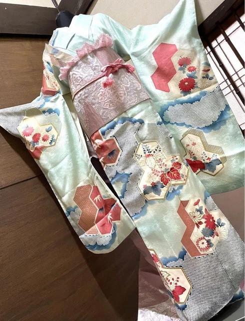 Kimono & Obi +accessories set M size long sleeves Japanese furisode belt #21 3