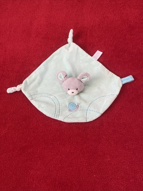 🇫🇷  Doudou Plat Souris Grise Velours Vert Feuilles Brodé Escargot GIPSY NEUF