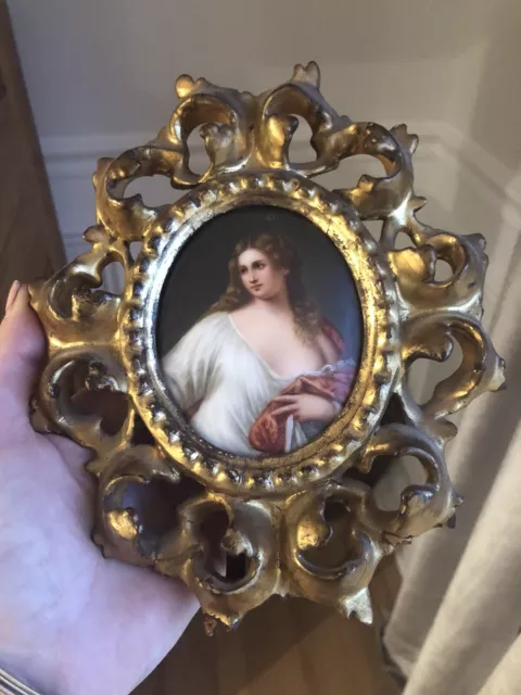 Antique French Hand Painted Miniature Portait Porcelain Fancy Ornate Gilded Gilt