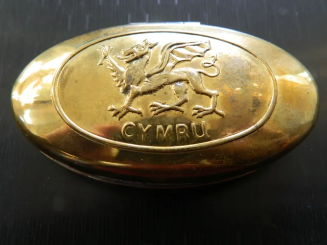 Vintage " CYMRU " Welsh Dragon  Miners BrassTobacco Box - Very Good  Condition