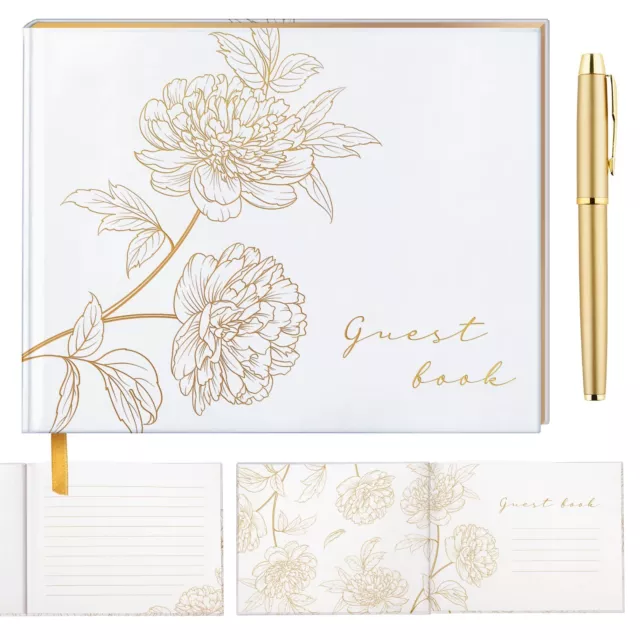 Wedding Guest Book, Wedding Guestbook with Gold Pen, Gold Floral Guest Book