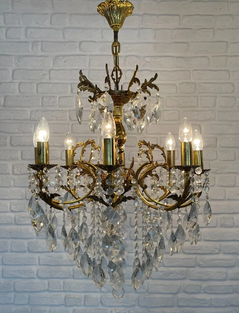 Antik Vintage 8 Arme Messing & Kristalle Kronleuchter Beleuchtung Lampe