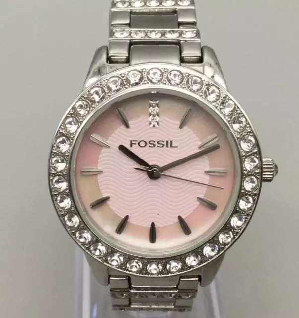 Fossil Jesse Watch Women 34mm Silver Tone Pave Pink MOP 50M New Battery 6.25"