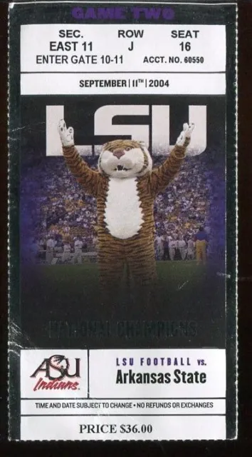 College Football Ticket LSU Tigers - 2004 - 9/11 - Arkansas State - Les Miles