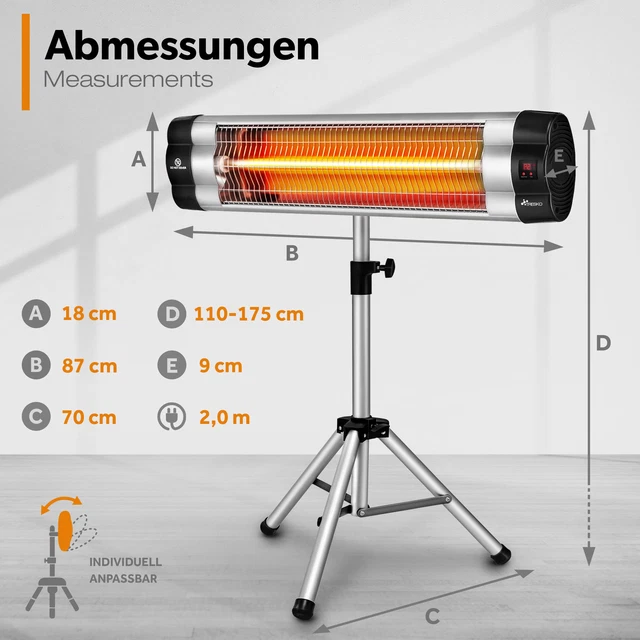 TRESKO Heizstrahler 2500W Infrarotstrahler Terrassenstrahler Wärmestrahler Timer 5