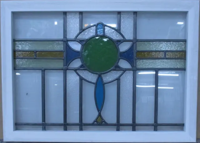 OLD ENGLISH LEADED STAINED GLASS WINDOW TRANSOM Pretty Abstract 27" x 19.75"