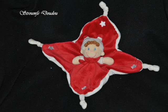 Peluche Doudou Poupée Lutin KIABI NICOTOY Garçon Plat Rouge Etoile Blanc Hochet