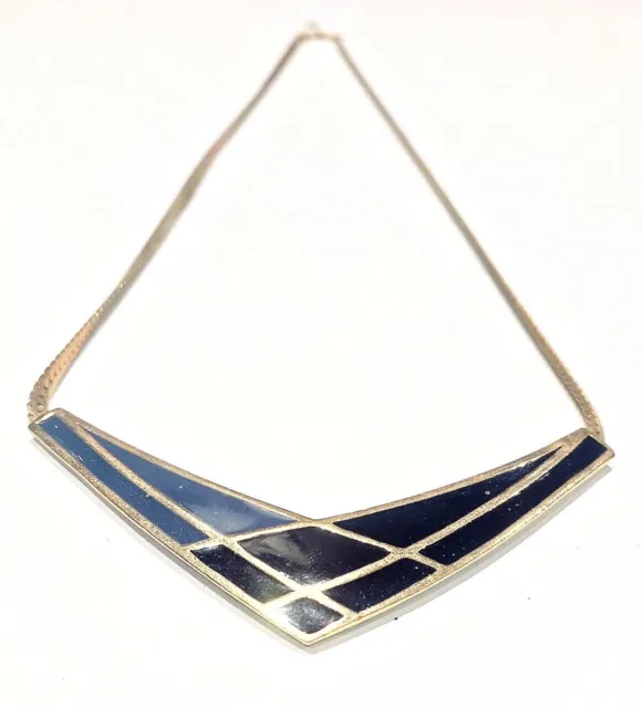 VINTAGE SIGNED - AVON - 1970s Navy Blue Enamel Mid Century Mod Collar Necklace
