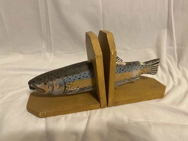 Hand Carved Wooden Fish Trout Book Ends for   For The Reader Or Collector!