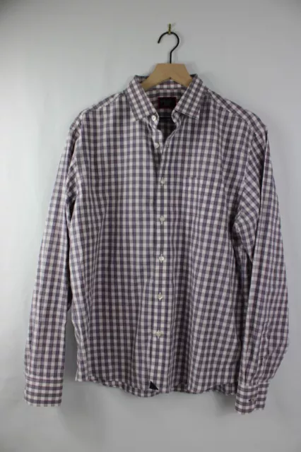 UNTUCKit Mens Button Up Shirt Large Blue Plaid Long Sleeve Point Collar Cotton