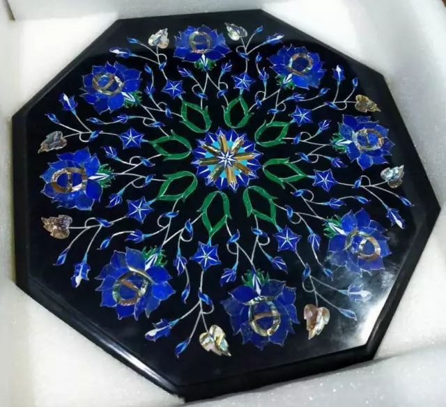 18" black marble Table Top Inlay Pietra Dura Coffee Room antique lapis Mosaic o6