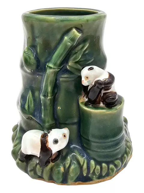 Vintage Glazed Majolica Lucky Green Bamboo with Pandas Planter Vase Flowerpot