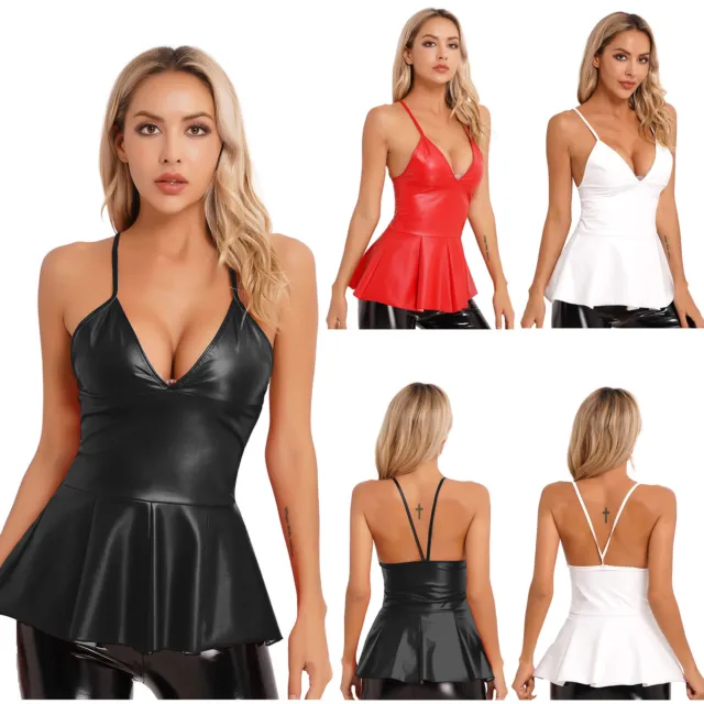 Mini abito da donna look bagnato pelle poliuretano svasato liquido svasato collo profondo a V abito da clubwear 3