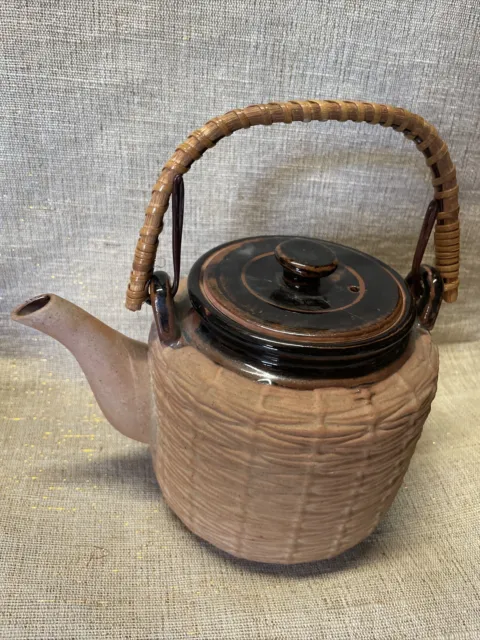 Vintage Chinese Red Clay Teapot, Infuser, and Bamboo Handle 2