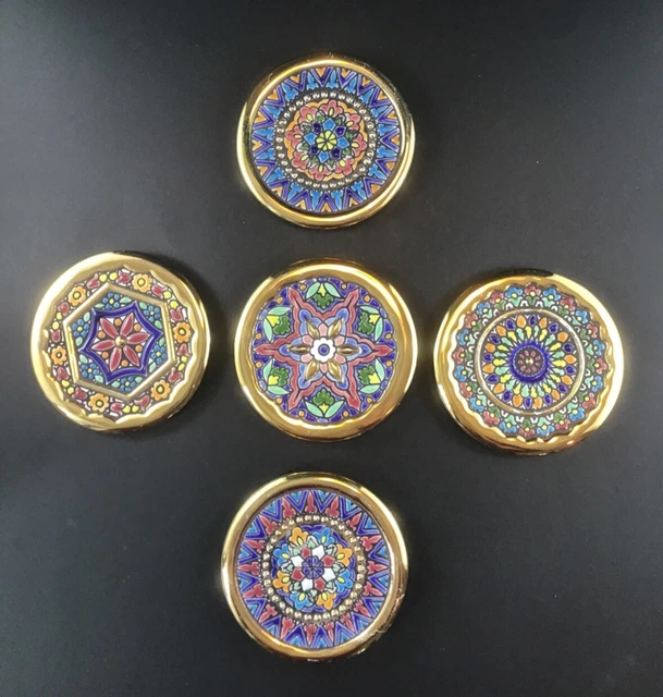 VTG Cer Colon Set of Five Hand Painted 4” Miniature Plates 24Kt Gold
