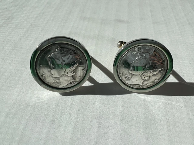 Vintage Mercury Dime Cufflinks Old Coin 1936 1943 W 90% Junk Silver Vintage Mercury Dime Cufflinks Old Coin 1936 1943 W 90% Junk Silver