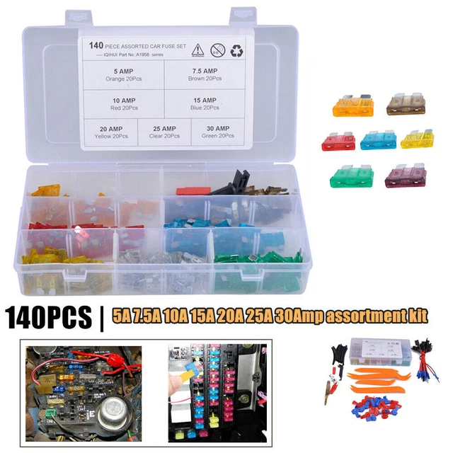 140x Nylon Mix Assorted Car Motorcycle Blade Fuse 5-25A 30Amp w/ Fuse Holder Box