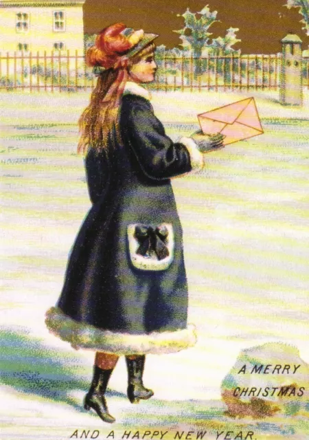 Grußkarte Reprint: viktorianische Weihnachtskarte, England, Mädchen mit Brief