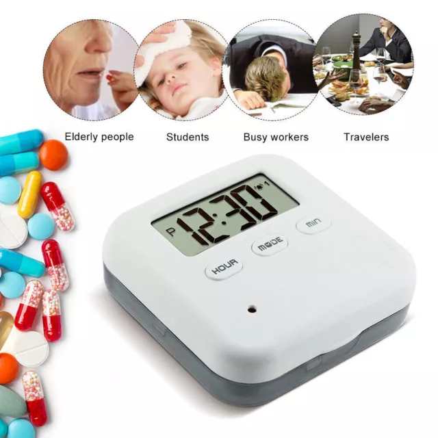 Electronic Timer Alarm Clock 4 Grids Pills Reminder Storage Case Medicine Box