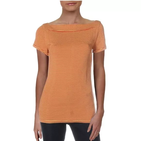 Free People Womens Ahoy Stripe Tee Shirt Top Cotton Stretch Orange Size Small