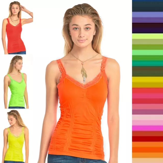 Women's Wrinkled Camisole Lace V-Neck CAMI Ruched Bodice Soft Stretch Tank Top