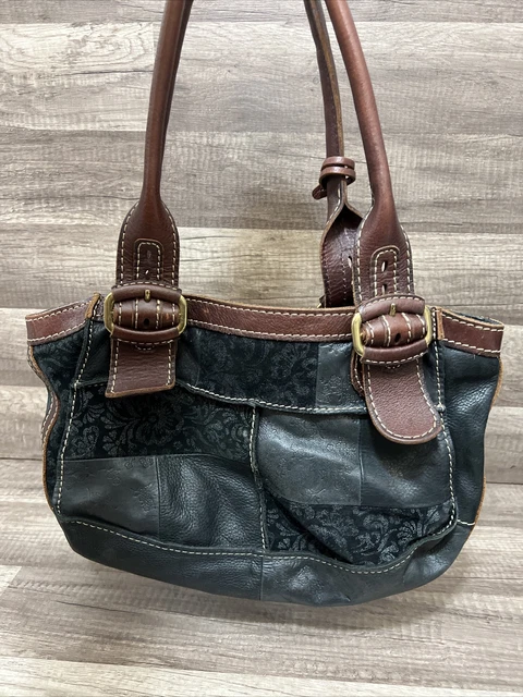 Fossil Black Leather Mixed Print Patchwork Round Shoulder Bag Purse
