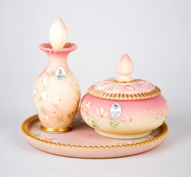 Fenton Burmese Hand Painted Glass Dresser Vanity Set Perfume Bottle Powder Box