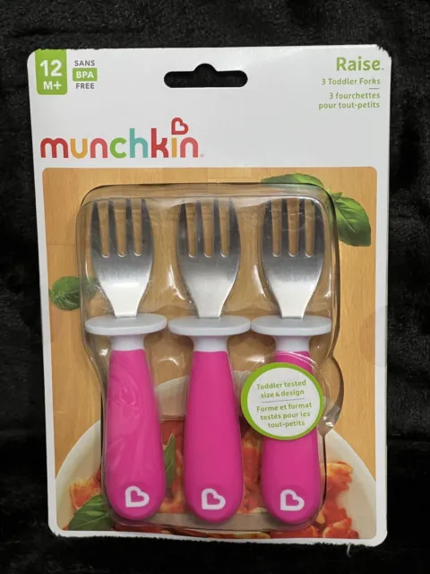 Munchkin Raise 3 Toddler Forks 12m+ BPA Free NEW IN PACKAGE Pink W/Hearts