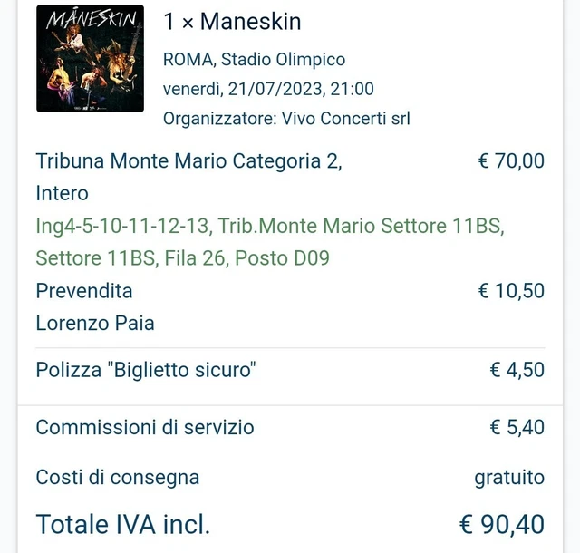 Biglietto concerto Maneskin Roma 21/07/2023 2