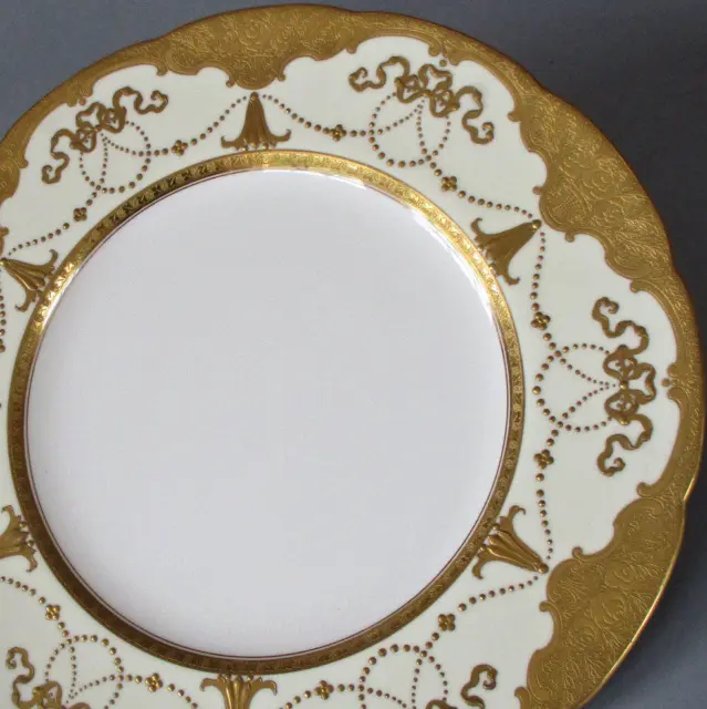 Antique Porcelain MINTONS Charger Plate Raised GILT Enamel BOWS Encrusted ROSES