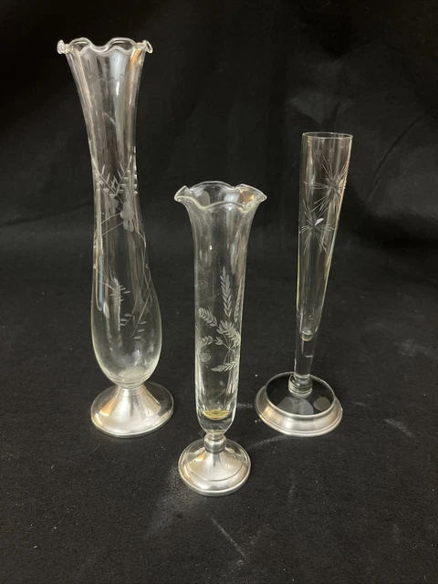 Sterling Silver And Etched Glass Bud Vases