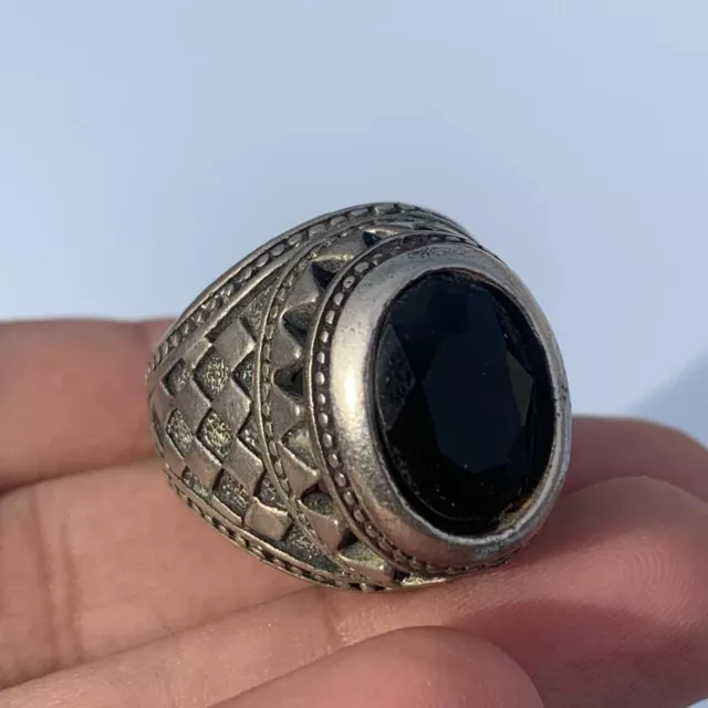 Rare Ancient Medieval Roman Silvered Color Warrior Talisman Ring Black Stone