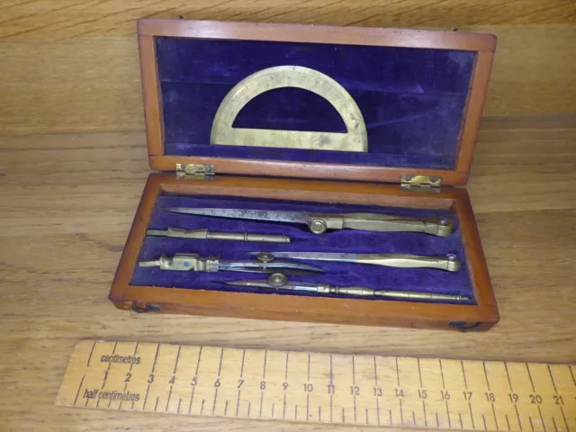 Anque Victorian Brass Drawing set in Wooden case with Brass Protractor / Compass