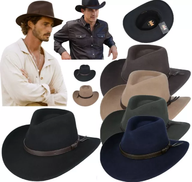 Cowboy Hat 100% Wool Crushable Stetson Western Style Outback Fedora 9cm Brim