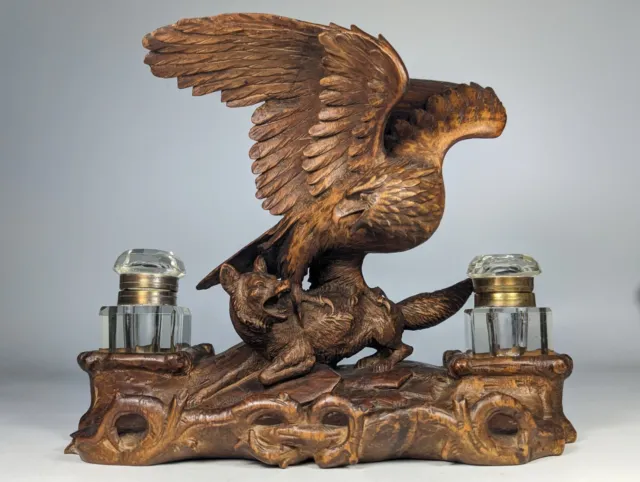 Antique 19th Century Black Forest Finely Carved Double Inkwell Eagle & Fox