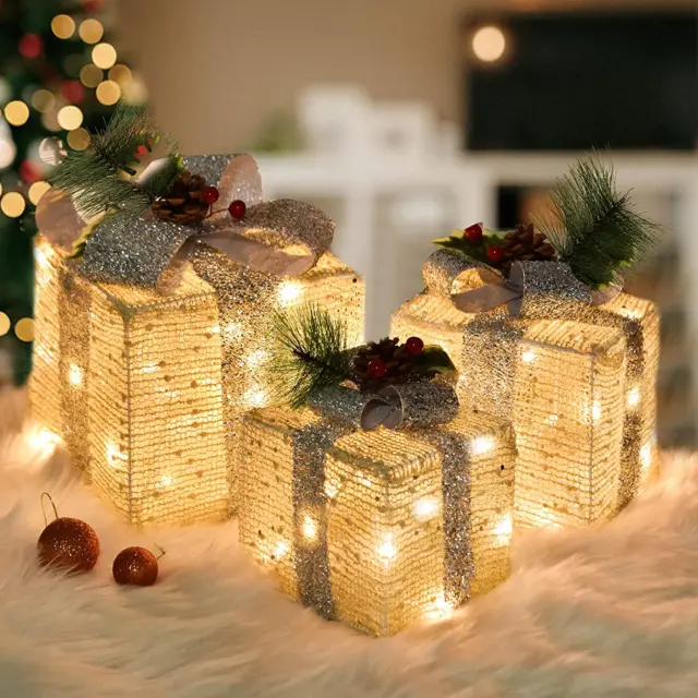 Set of 3 Christmas Lighted Gift Boxes Decorations, Pre-Lit 60LED Warm Christmas
