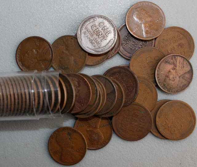 1917 D Lincoln Wheat Cents Coins 1c US Pennies Avg Circulated Roll of 50 Lot #2