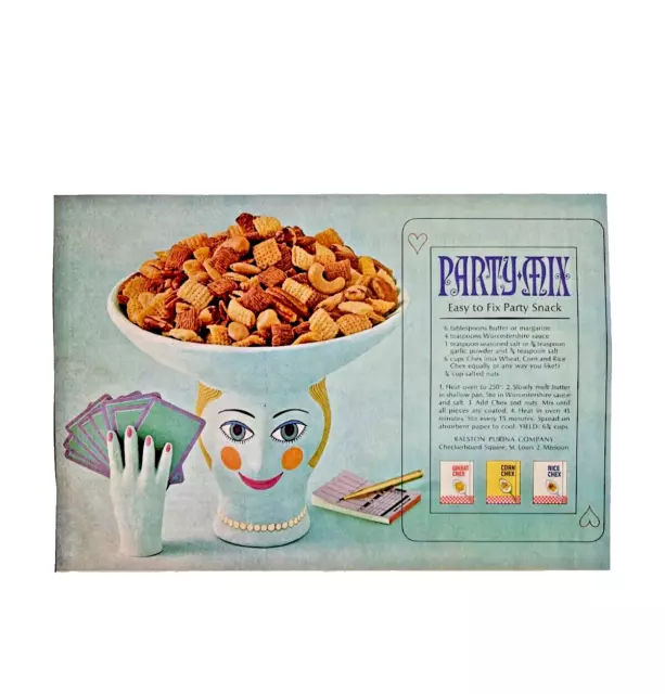 1963 Chex Cereal Party Mix Recipe Head Bowl Cards Color Vintage Print Ad-CRC2