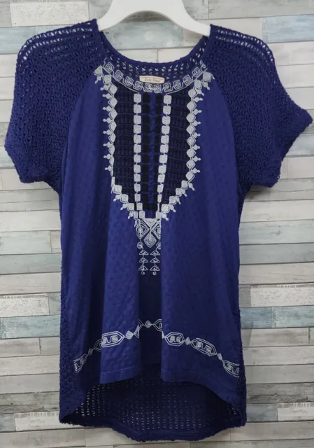 Lucky Brand Womens Top Size XS Crochet Back And Sleeves Blue Embroidered