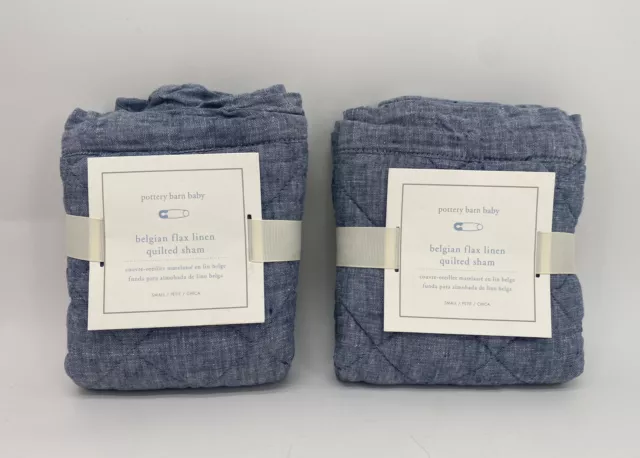 Pottery Barn Baby Blue Belgian Linen Quilted 2 Small Shams New