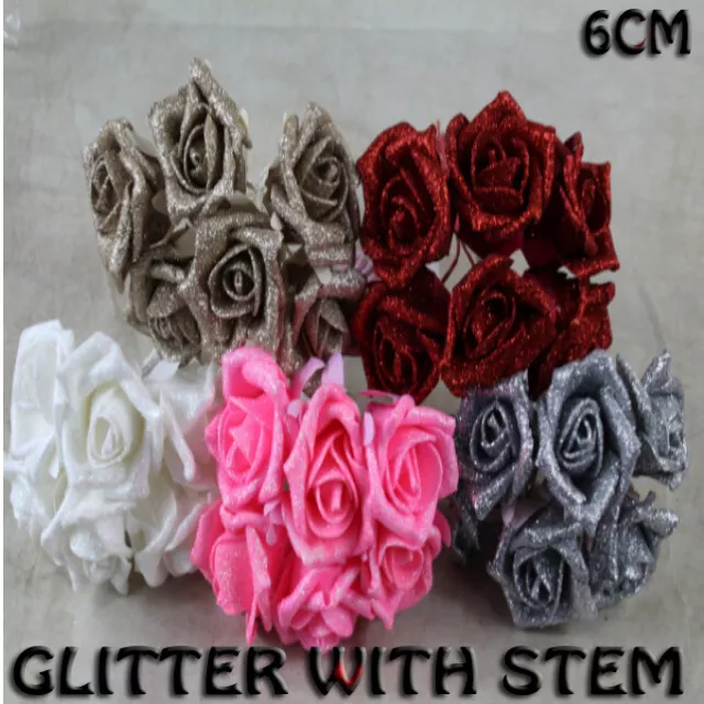 6CM FOAM ROSES Glitter Flower With Stem Artificial Wedding Bouquet Party Decor