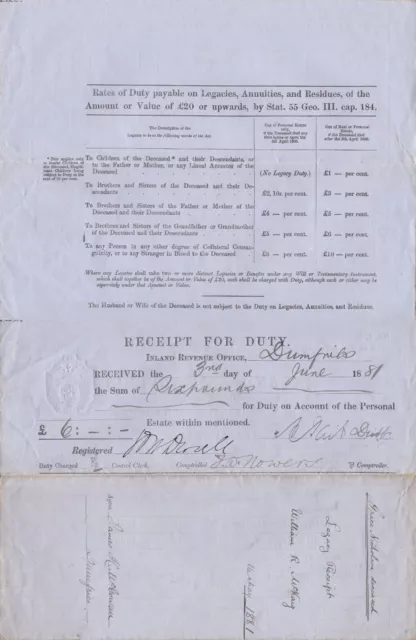 Inland Revenue Dumfries 1881 Legacy Receipt for Death Duty Paid 2