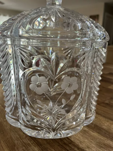 Crystal Biscuit Barrel Cookie Jar Clear Cut Etched Glass Vtg Floral Pattern 2