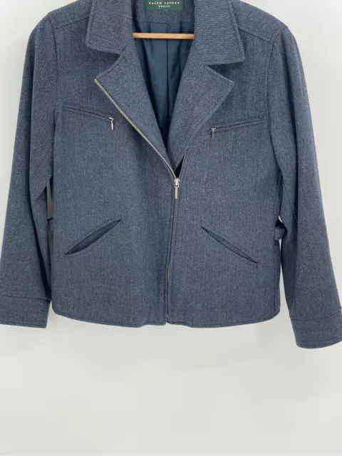 Lauren Ralph Lauren Blazer Jacket Women Petite Small Full Zip Moto Blue Wool