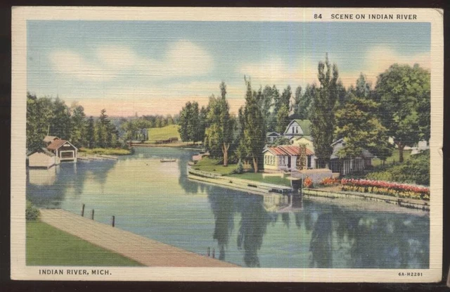 Postcard INDIAN RIVER,Michigan/MI  Shoreline Cottages & Docks 1930's