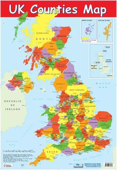 Laminated Map of UK Counties Mini Poster